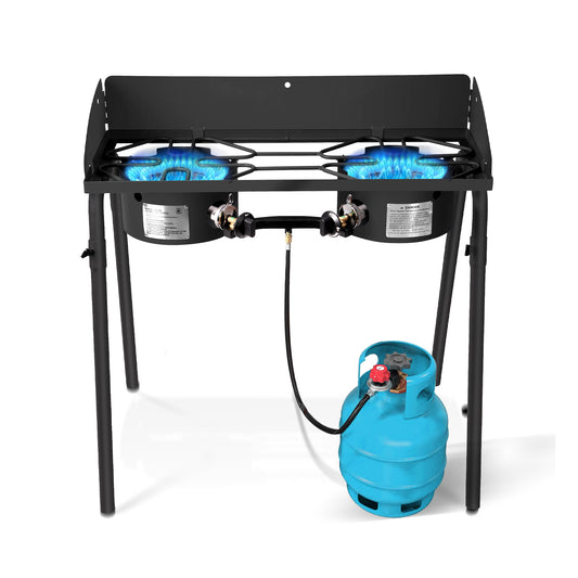 Two Burner Portable Camping Gas Stove With Removable Legs Carrying Bag Windshield For Outdoor Cooking Propane Black