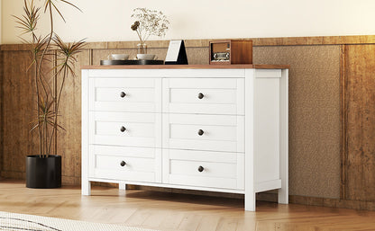 Chic Vintage-Inspired 6-Drawer Wooden Dresser with Rustic Charm for Bedroom - White & Brown