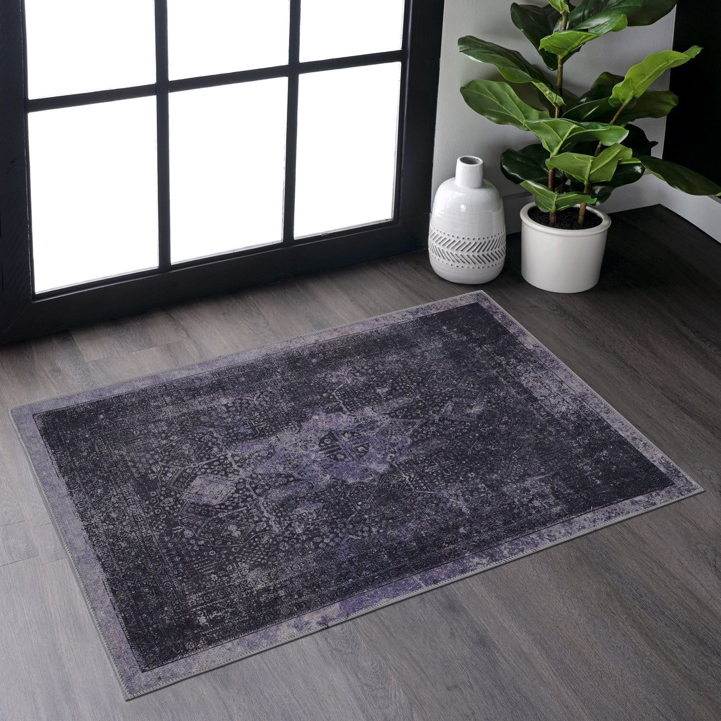 2x3 Machine-Washable Area Rug, Low-Pile, Non-Slip, Foldable, Kid & Pet Friendly, Living Room - Anthracite