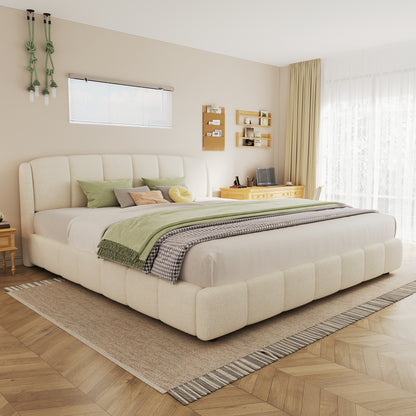 King Size Platform Bed with Boucle Upholstery, Curve-Headboard, Plywood & Steel Frame, Bedroom Beige