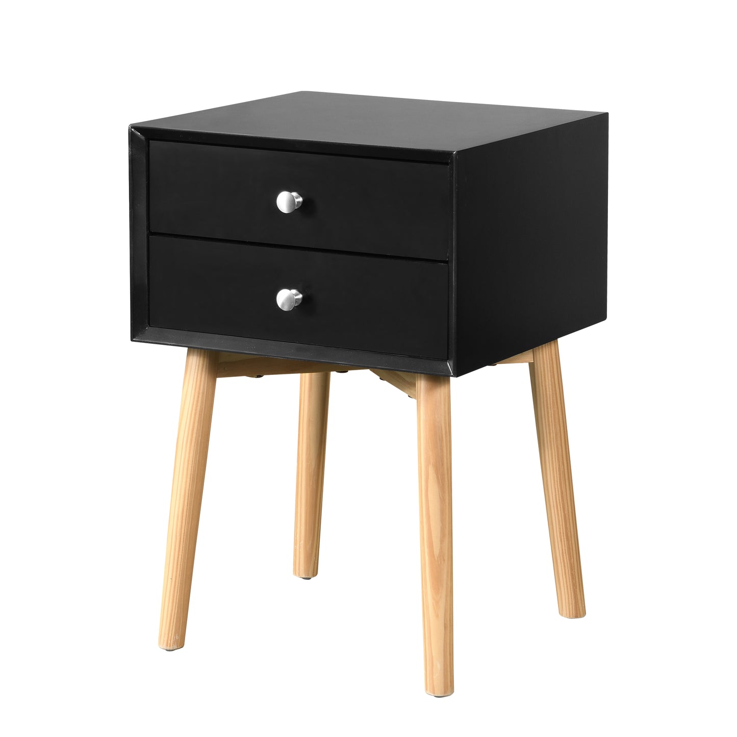 Mid-Century Modern 2-Drawer Nightstand, MDF, Rubber Wood Legs, 15.75 x 15.75 x 24, 50 lb - Black