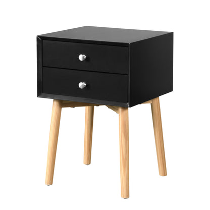 Mid-Century Modern 2-Drawer Nightstand, MDF, Rubber Wood Legs, 15.75 x 15.75 x 24, 50 lb - Black