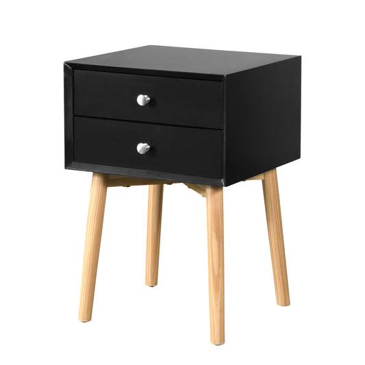 Mid-Century Modern 2-Drawer Nightstand, MDF, Rubber Wood Legs, 15.75 x 15.75 x 24, 50 lb - Black