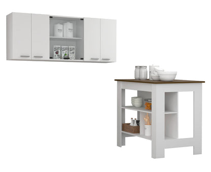 Elegant White and Walnut 2-Piece Kitchen Set with Island and Glass-Front Wall Cabinet