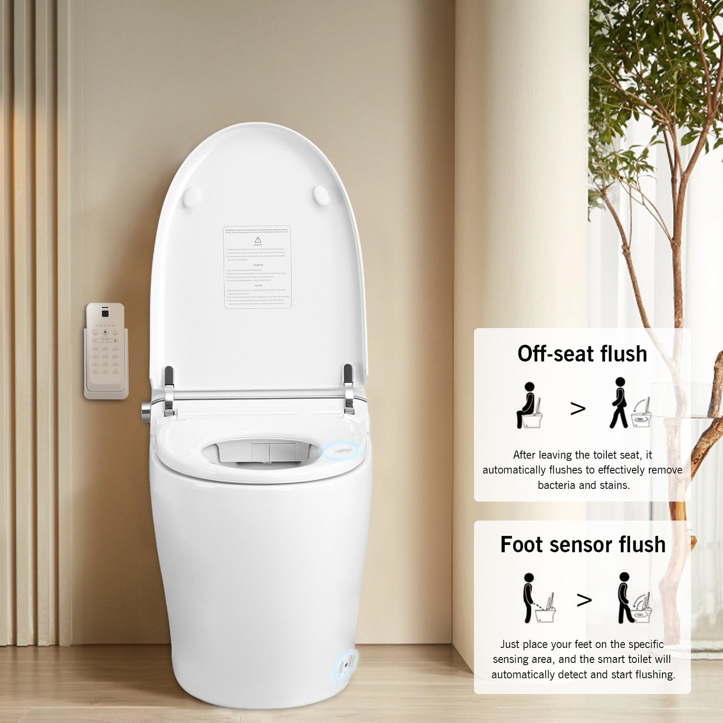 Advanced Smart Toilet Bidet System with Foot Sensor Opening, Remote Control, and Self-Cleaning Heated Seat