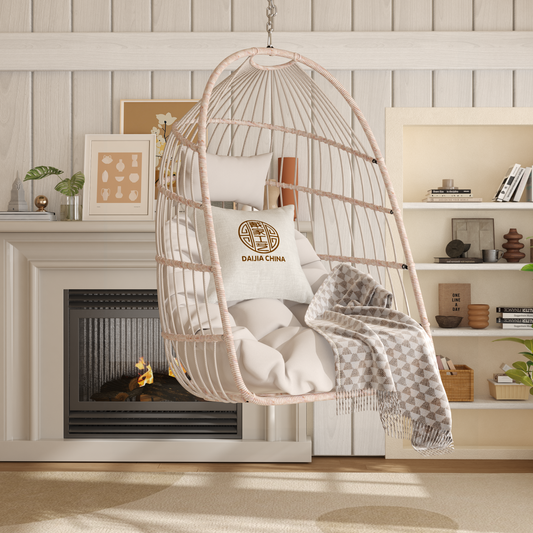 Outdoor Rattan Egg Swing Chair Patio Hanging Chair PE Wicker HDPE Weather Resistant 43in Long 29in Wide Off White