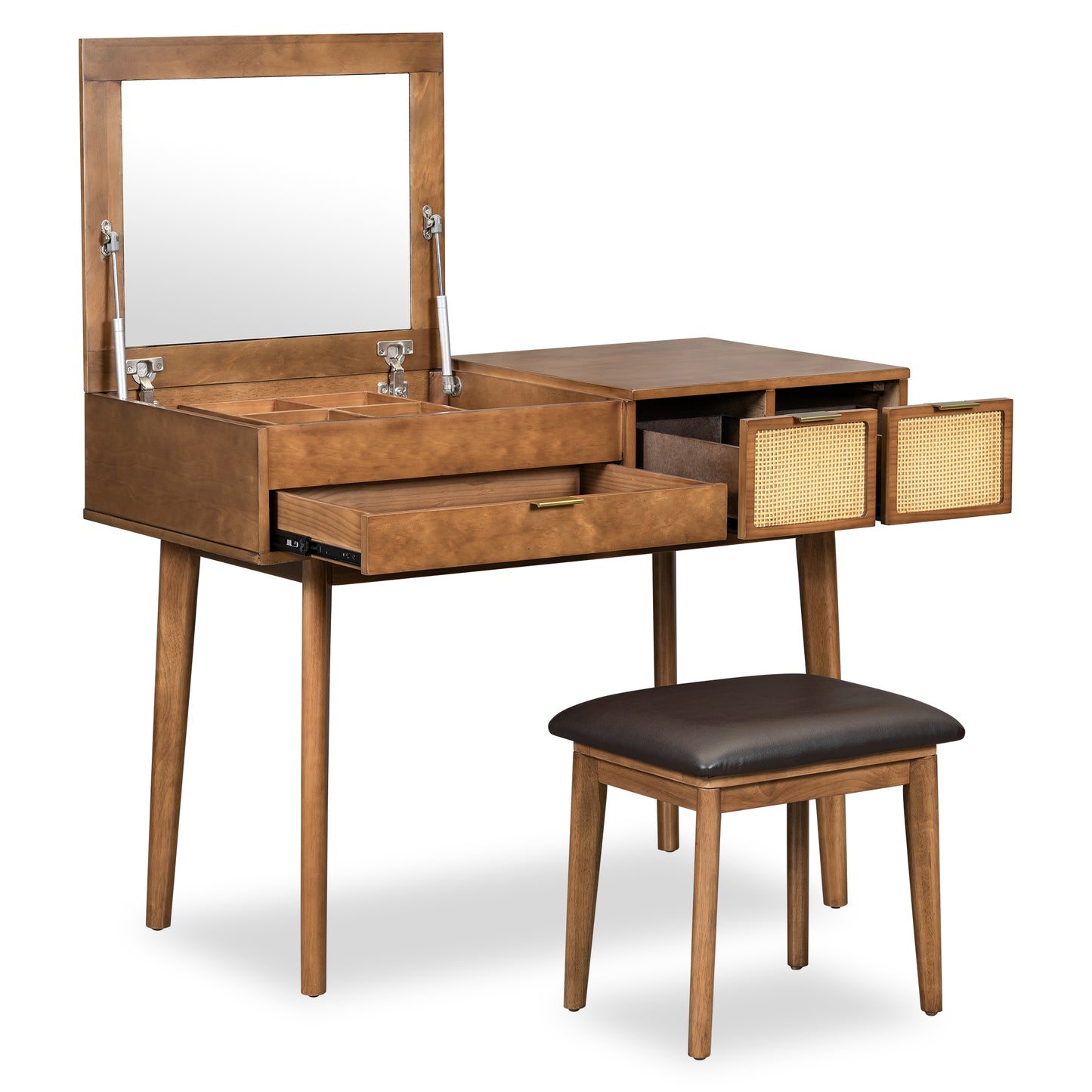 43.3-Inch Classic Wood Vanity Set with Flip-Top Mirror, Stool, 3 Drawers for Dressing Table Bedroom Brown