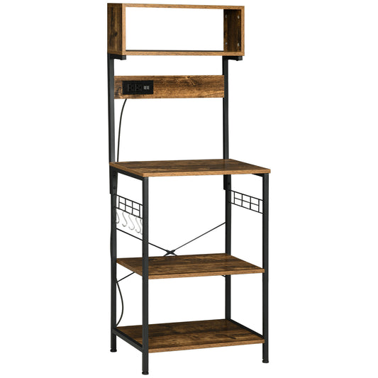 Rustic Brown Kitchen Bakers Rack with Power Outlet, USB Charging, Adjustable Shelves, and Coffee Bar Functionality