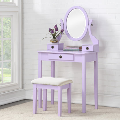Wood Makeup Vanity Table and Stool Set with Storage Drawers for Bedroom, Space-Saving Beauty Desk Purple