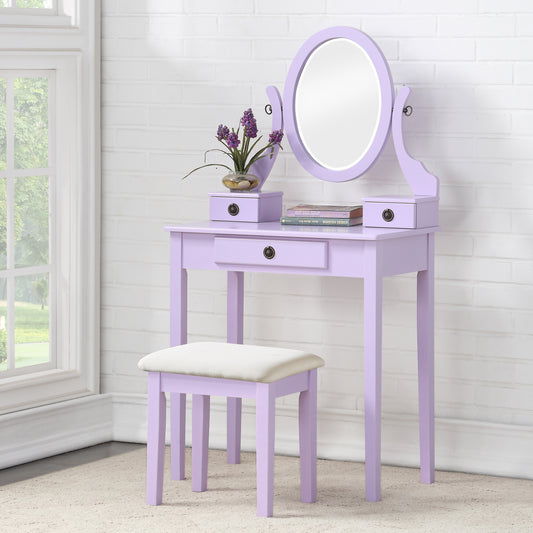Wood Makeup Vanity Table and Stool Set with Storage Drawers for Bedroom, Space-Saving Beauty Desk Purple