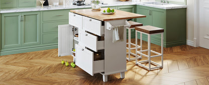 Rustic White Farmhouse Kitchen Island Set with Drop Leaf, 2 Stools, and Ample Storage