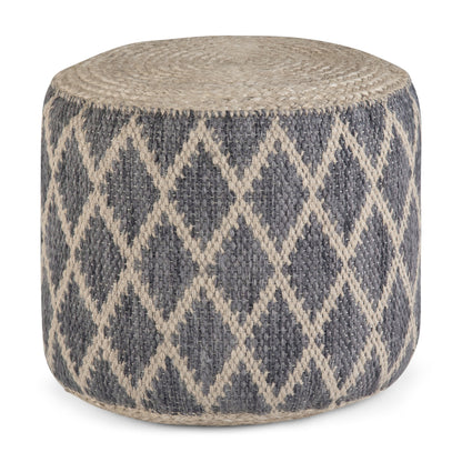 Round Pouf Footstool, 18in Dia x 14in H, Cotton & Jute Weave, Bead-Filled, Versatile Seating Grey/Natural
