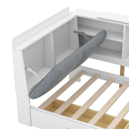 Elegant White Twin Size Platform Bed with Storage Headboard, Shelves, and Drawers