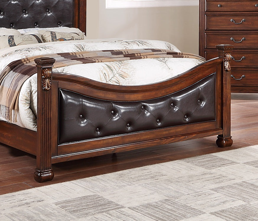 Elegant Dark Cherry Queen Size Bed with Tufted Faux Leather Headboard and Footboard