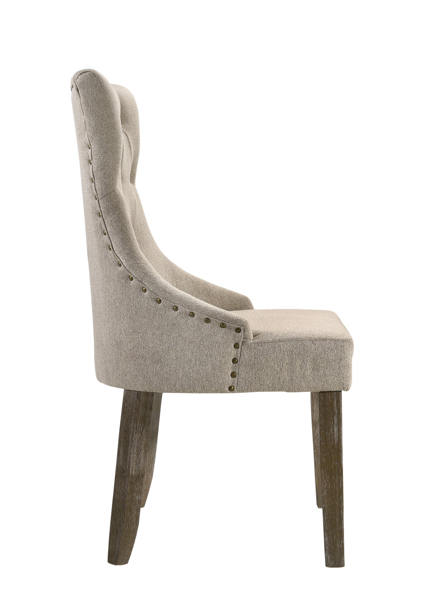 Dining Room Side Chair Set of 2 - Tufted High-Back, Nailhead Trim, Wood Legs, 24x22x38in - Beige and Gray