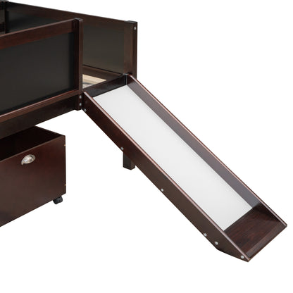 Espresso Twin Loft Bed with Slide and Storage Bins