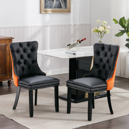 Modern Tufted Wood Dining Chair Set with PU Leather and Velvet Upholstery, Wood Legs, 2-Pcs Black/Orange
