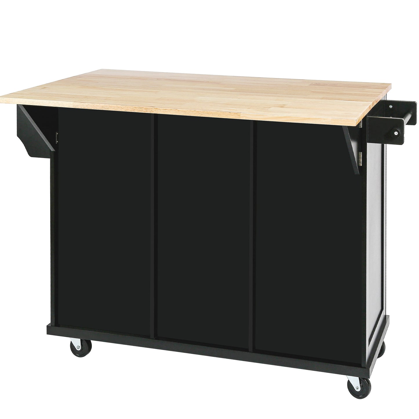 Black Kitchen Island Cart with Drop-Leaf Rubber Wood Top, Storage Cabinet, and Rolling Wheels