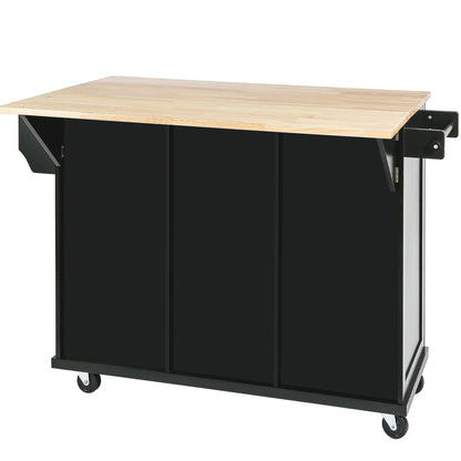 Black Kitchen Island Cart with Drop-Leaf Rubber Wood Top, Storage Cabinet, and Rolling Wheels