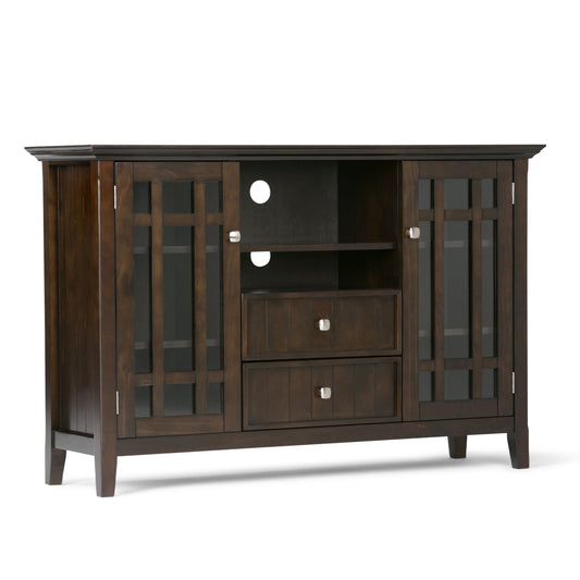 TV Stand for 60in TV, Solid Wood, 53in Wide, 2 Drawers, Glass Doors, Cord Management, Dark Tobacco Brown
