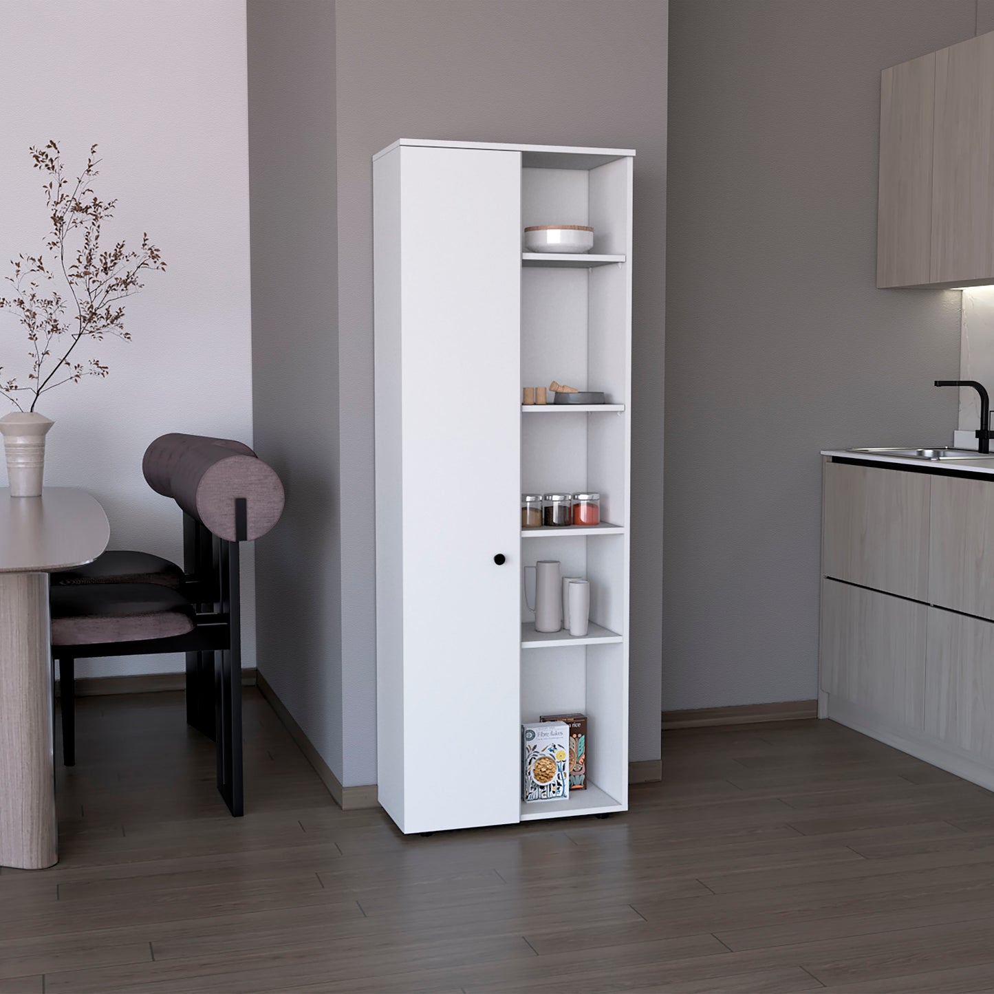 Cary Modern White Kitchen Pantry Cabinet with Multiple Shelves and Doors, 67" H