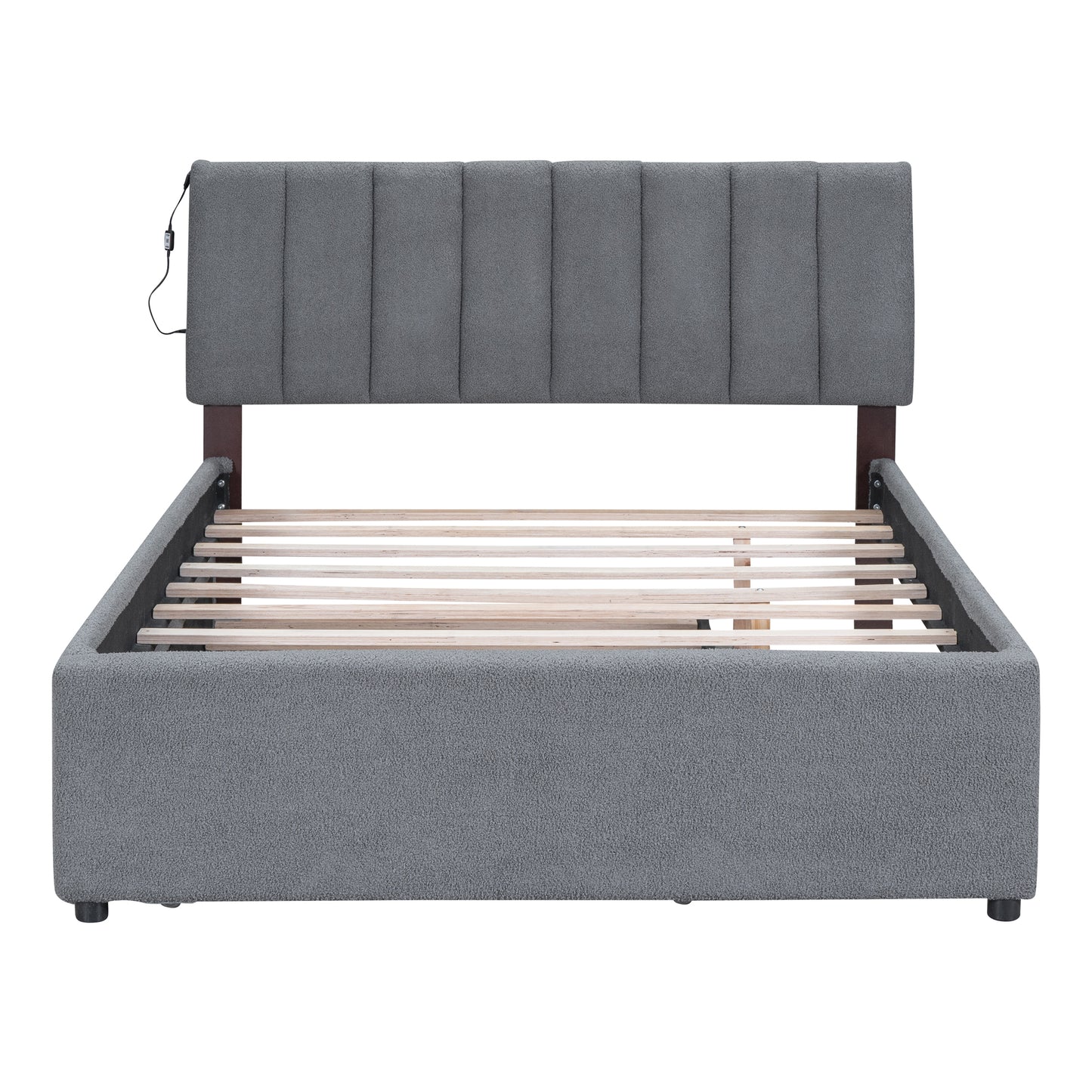 Luxurious Gray Upholstered Full Size Platform Bed with Twin Trundle and LED Lights
