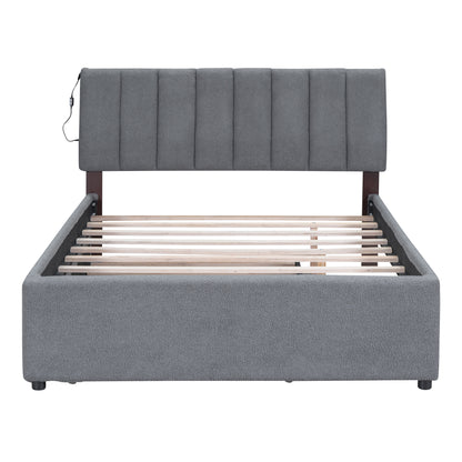 Luxurious Gray Upholstered Full Size Platform Bed with Twin Trundle and LED Lights