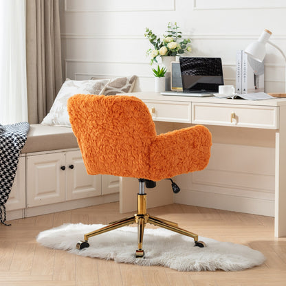 Orange Upholstered Home Office Chair with Golden Base - Adjustable Swivel Vanity Chair Featuring Artificial Rabbit Hair and Reclining Chassis