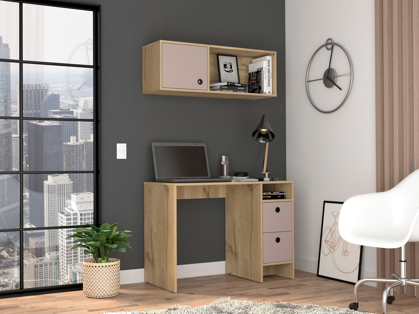Light Oak and Taupe Modern Office Duo with Shelves and Drawers
