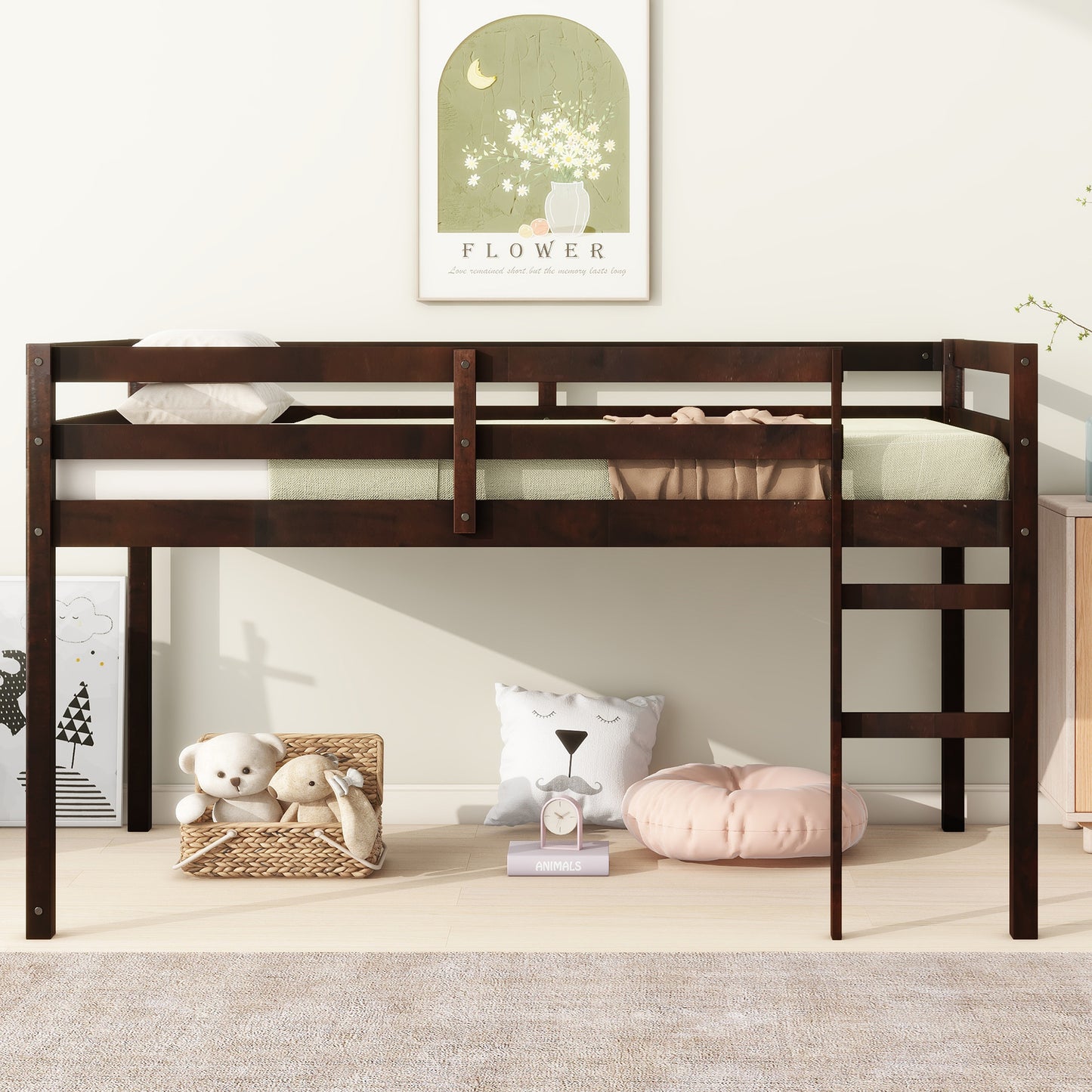 Espresso Rubber Wood Twin Loft Bed with Ladder and Enhanced Support Slats