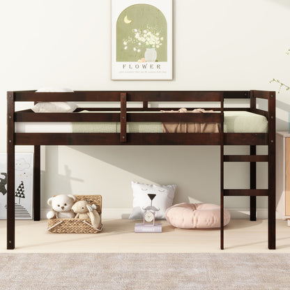 Espresso Rubber Wood Twin Loft Bed with Ladder and Enhanced Support Slats