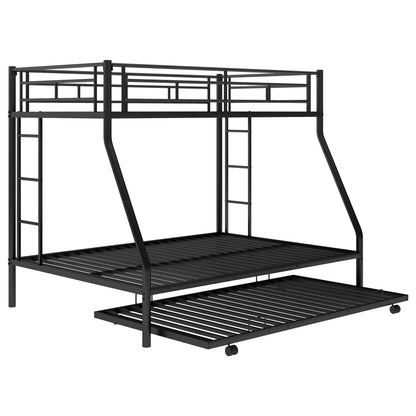 Stylish Twin over Full Bunk Bed with Twin Trundle and Dual Ladders - Sturdy Steel Frame in Black