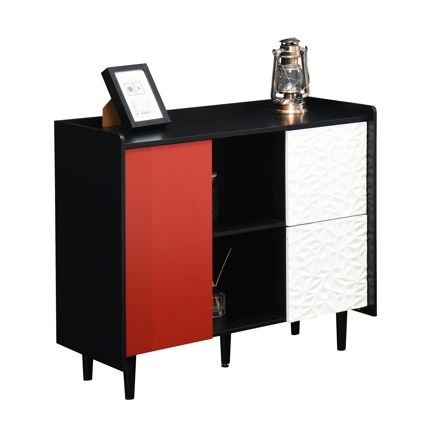 Sideboard Buffet Cabinet, Black Storage Cabinet with Red Doors , 2 Drawers with unique panel styling and 2 Open Storage Compartment, Modern Coffee Bar Cabinet Accent Cabinet for Kitchen, Dining Room,