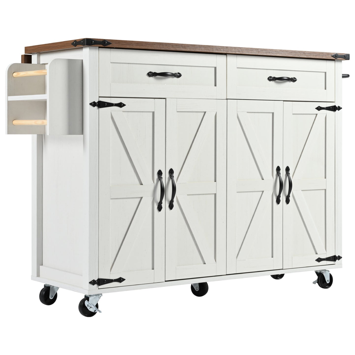 Farmhouse Rolling Kitchen Island with Power Outlet, Drop Leaf, Spice Rack, and Storage Drawers - 53.5'' White Cart for Kitchen and Dining Room