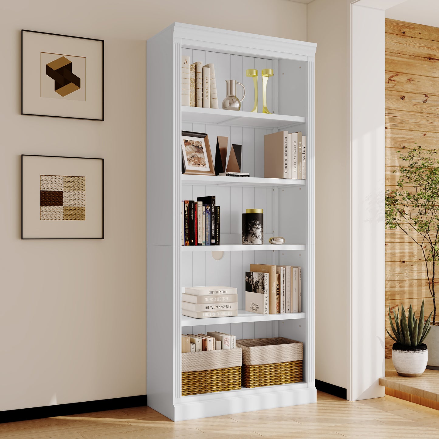 Modern 5-Tier White Wooden Bookcase with Adjustable Shelves for Home and Office Storage