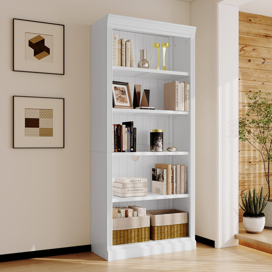 Modern 5-Tier White Wooden Bookcase with Adjustable Shelves for Home and Office Storage