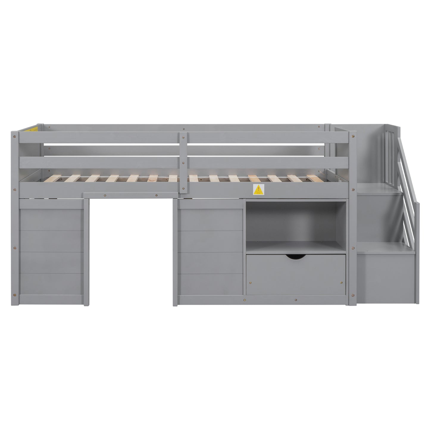 Gray Solid Wood Twin Low Loft Bed with Storage Staircase and Shelving Unit
