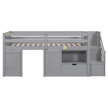 Gray Solid Wood Twin Low Loft Bed with Storage Staircase and Shelving Unit