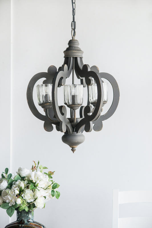 Farmhouse 6-Light Wood Chandelier Pendant with Adjustable Chain - Dining Room, Living Room, 60W E12 Gray
