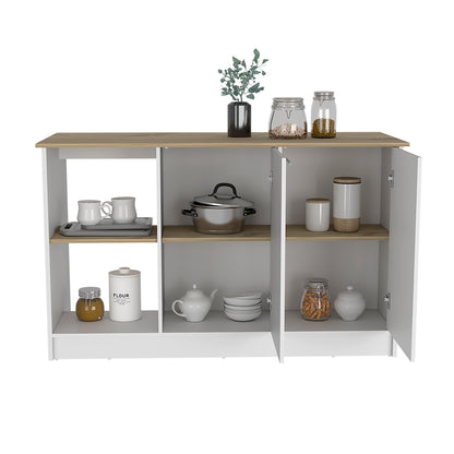 Modern Light Oak & White Kitchen Island with Open Shelves and Cabinets