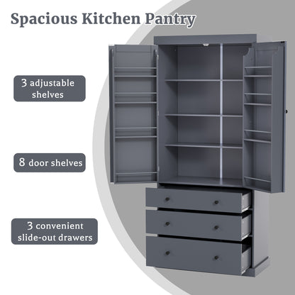 Tall Gray Farmhouse Kitchen Pantry Cabinet with Adjustable Shelves, Drawers, and Door Storage Solutions