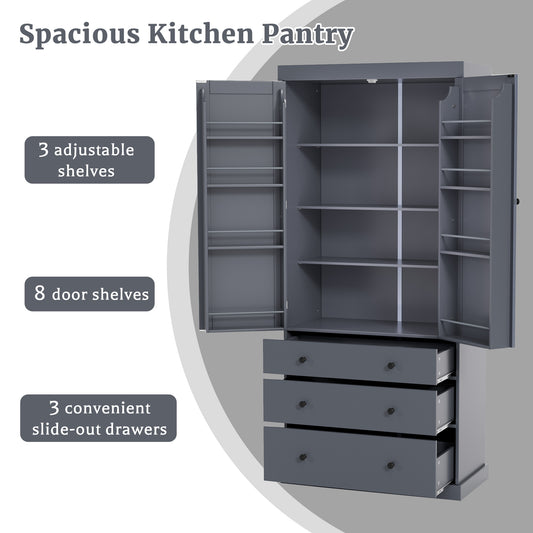 Tall Gray Farmhouse Kitchen Pantry Cabinet with Adjustable Shelves, Drawers, and Door Storage Solutions