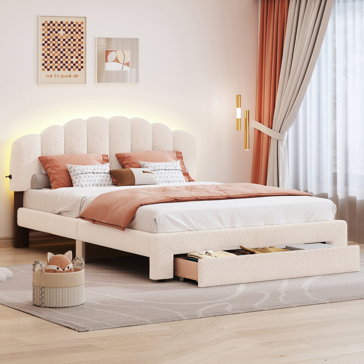Beige Teddy Fleece Queen Upholstered Platform Bed with Storage Drawer