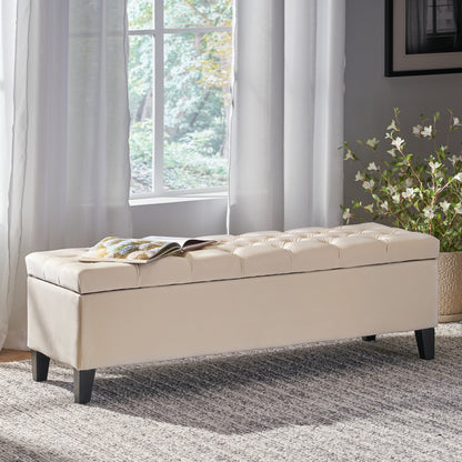 Fabric Storage Ottoman with Button Tufting, Diamond Stitching, 51W x 17.5D x 17H, Soft-Close Lid, Beige
