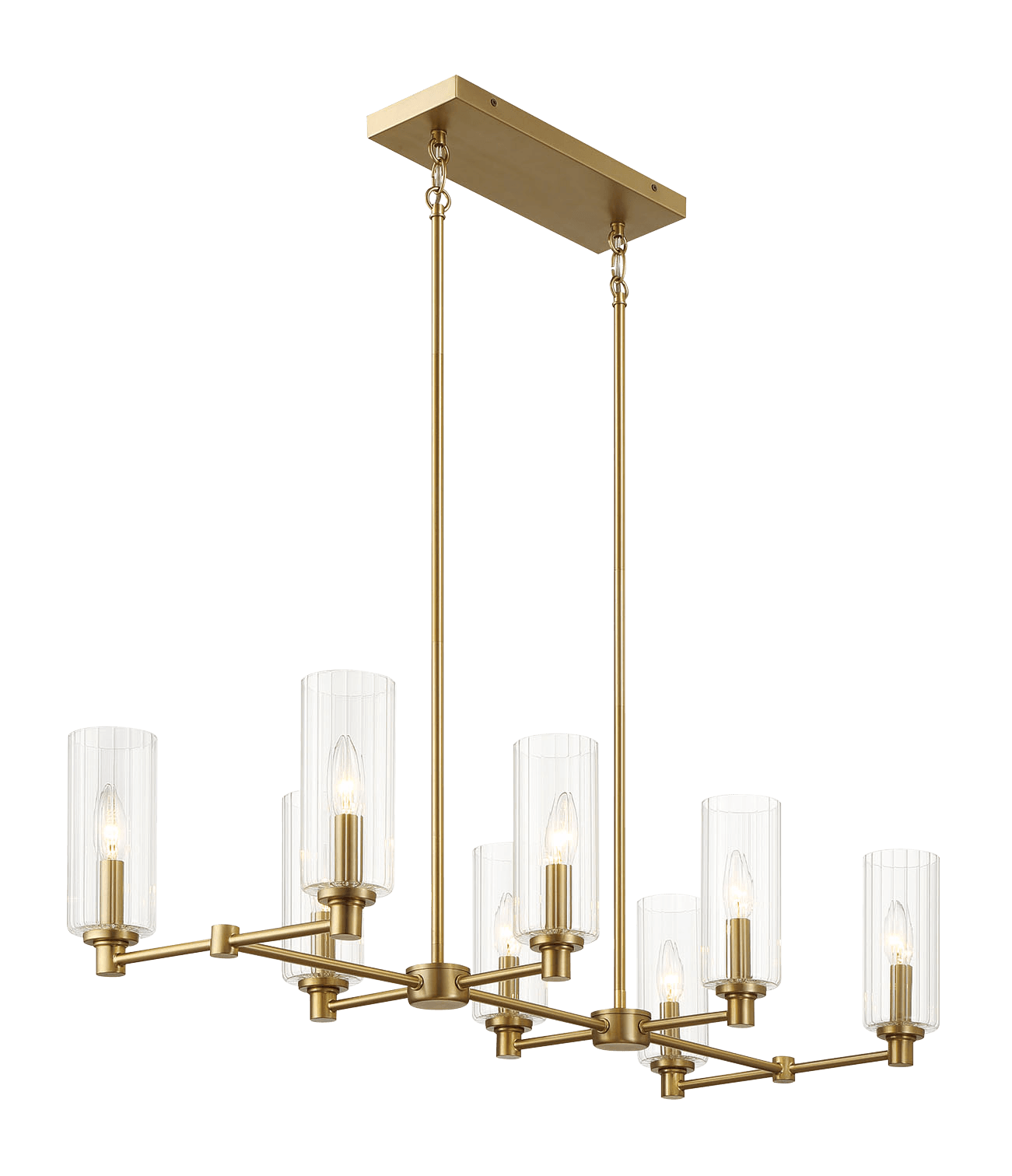 Eight-Light Island Pendant Light with Clear Ribbed Glass, 36in Long, 15in Wide, 9in High, Satin Brass