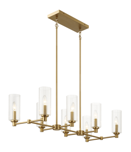 Eight-Light Island Pendant Light with Clear Ribbed Glass, 36in Long, 15in Wide, 9in High, Satin Brass