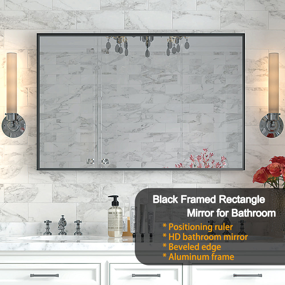 40x30inch Glossy Black Bathroom Mirrors For Wall Rectangle Vanity Mirror Corner Hangs Farmhouse Mirror Modern Metal Framed Rectangular Mirror, Decorative Square Corner Mirror(Horizontal & Vertical)