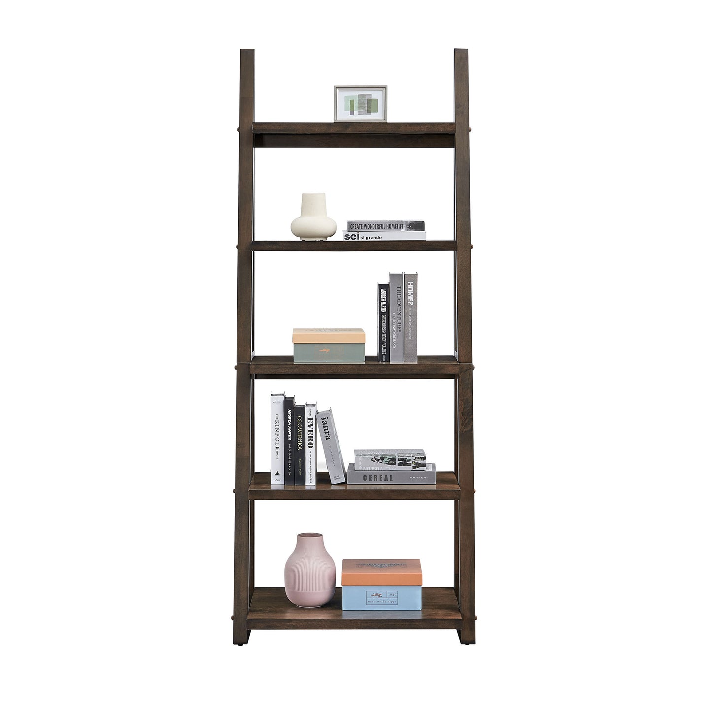 Rustic Brown 5-Tier Ladder Shelf - Solid Wood Bookshelf & Storage Rack for Home and Office