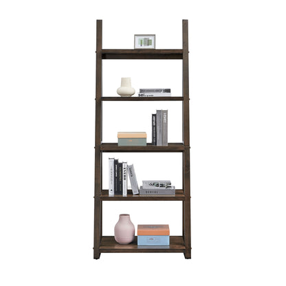 Rustic Brown 5-Tier Ladder Shelf - Solid Wood Bookshelf & Storage Rack for Home and Office