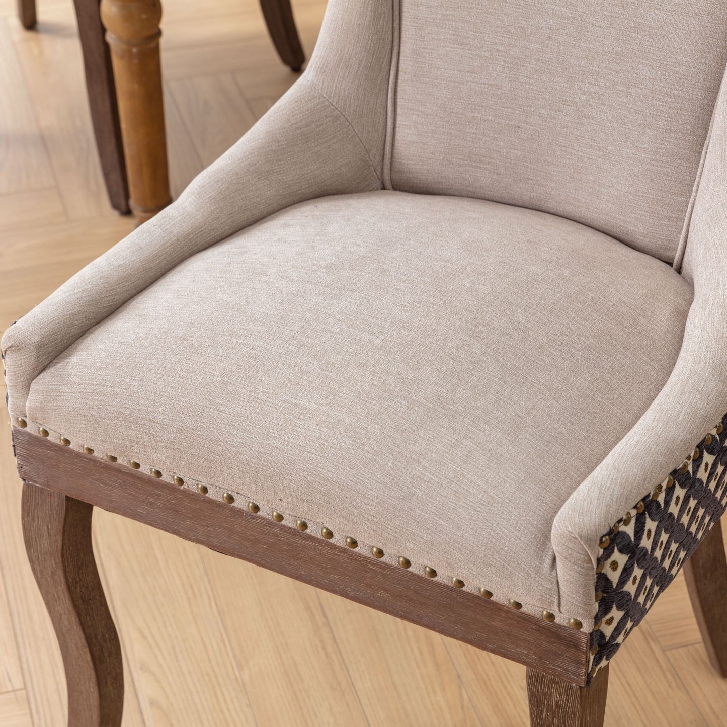 A&A Furniture, Ultra Side Dining Chair, Thickened fabric chairs with neutrally toned solid wood legs, Bronze nail head, Set of 2, Beige and Patterned,SW2207BG
